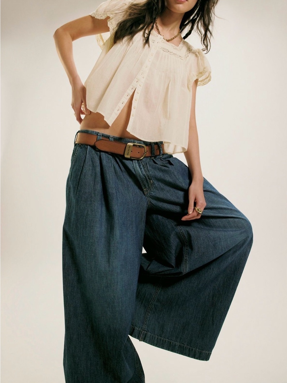 We The Free Scout Wide Leg Jeans Deep Indigo Pleated Elastic Back Denim Pants L - Picture 9 of 13